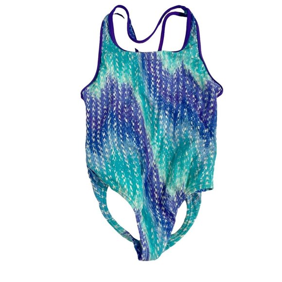 Speedo Blue Purple Geometric Print Swimsuit 1 Piece Girls Sz 6 - Picture 1 of 5